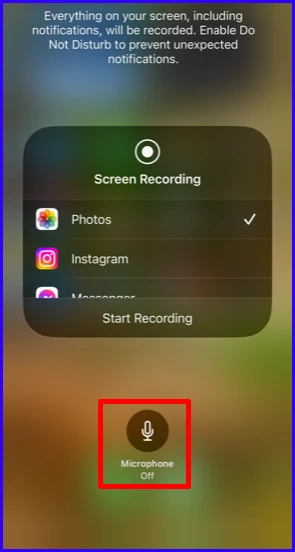how to screen record with internal audio on iPhone - tap on the Microphone logo